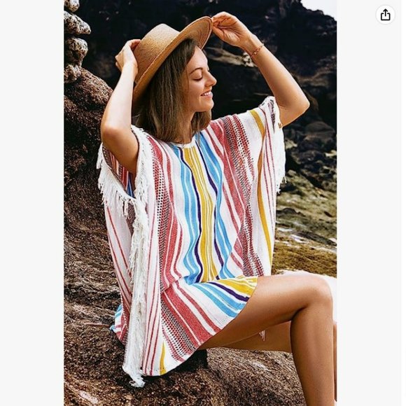 Cupshe Other - NWT CUPSHE Crochet Beach Bikini Cover Up Colorful Strip Tassels OS